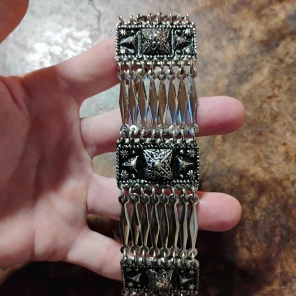 Sterling Silver Articulated Mayan Tribal Panel Link Bracelet Signed Mexico Sterl